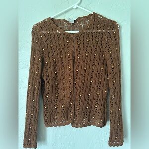 Studio Brown Crochet Cardigan with Wood Details